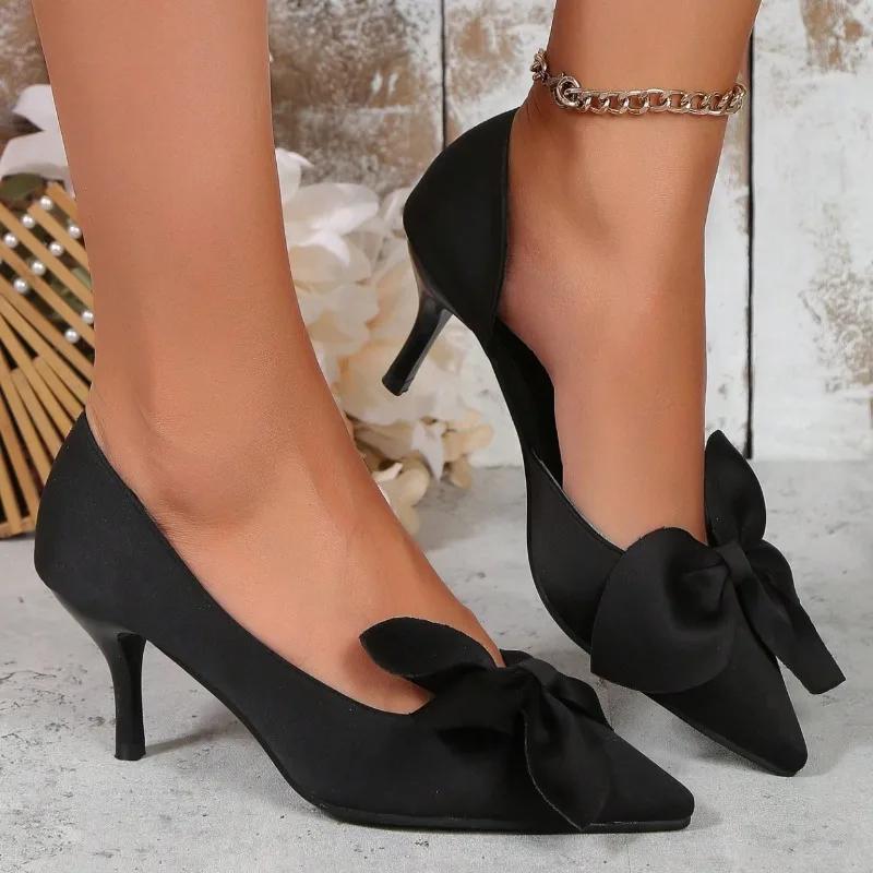 Women's Shoes 2024 Fashion Slip On Women's Pumps Pointed Toe Solid Flock Butterfly-knot Shallow Mouth Mid Heeled Dress Pumps