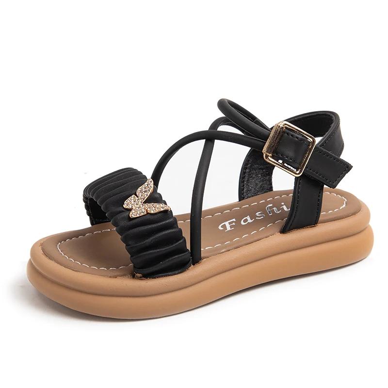 Детские сандалии принцессы со складками для девочек, сандалии со стразами и бабочкой, модная детская летняя пляжная обувь с крестиком, милая