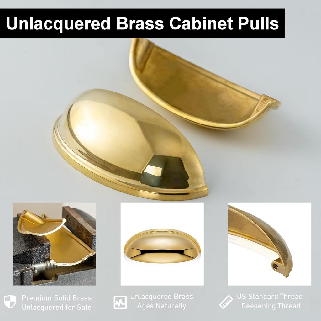 QOGRISUN 5-Pack Unlacquered Brass Cabinet Cup Pulls, Gold Bin Cup Drawer Dresser Handles, 3-Inch Hole Center, Kitchen Cupboard Hardware, Polished