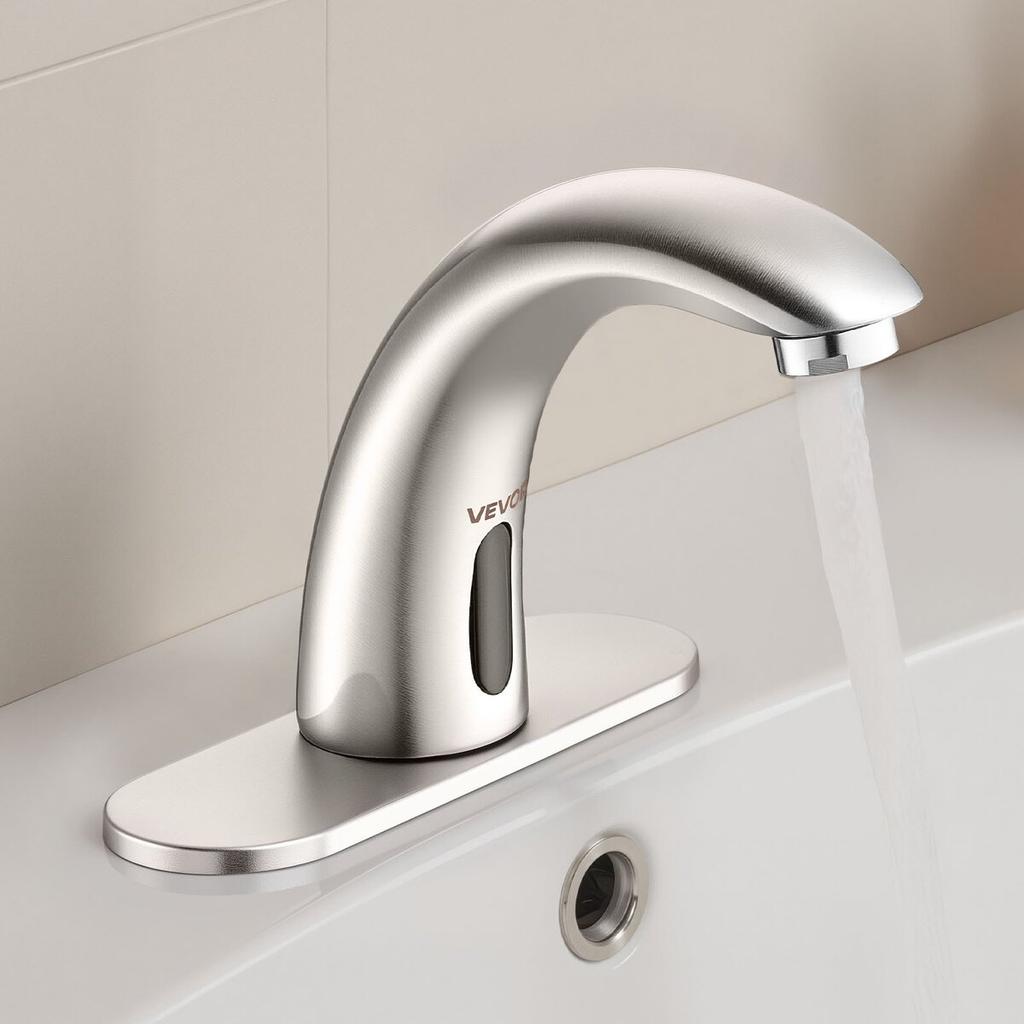 Touchless Bathroom Sink Faucet, Automatic Motion Sensor Restroom Toilet Faucet with Hole Cover Plate, Battery Operated,Adjustable Temp for 9.5 mm Pipe