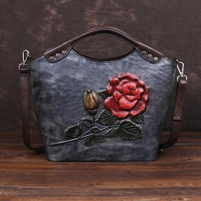 First Layer Cowhide Tote Large Capacity Rose Bag Vintage Tote Bag