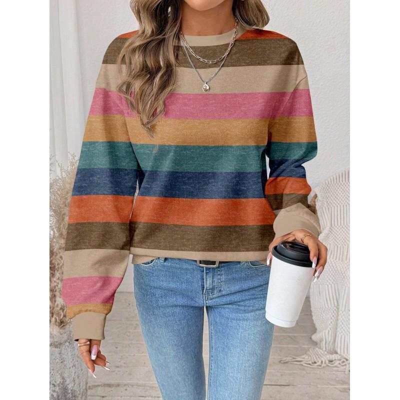 Womens Casual Striped Print Hoodie-Free Sweatshirt Loose Fit Round Neck Long Sleeve Top 2025
