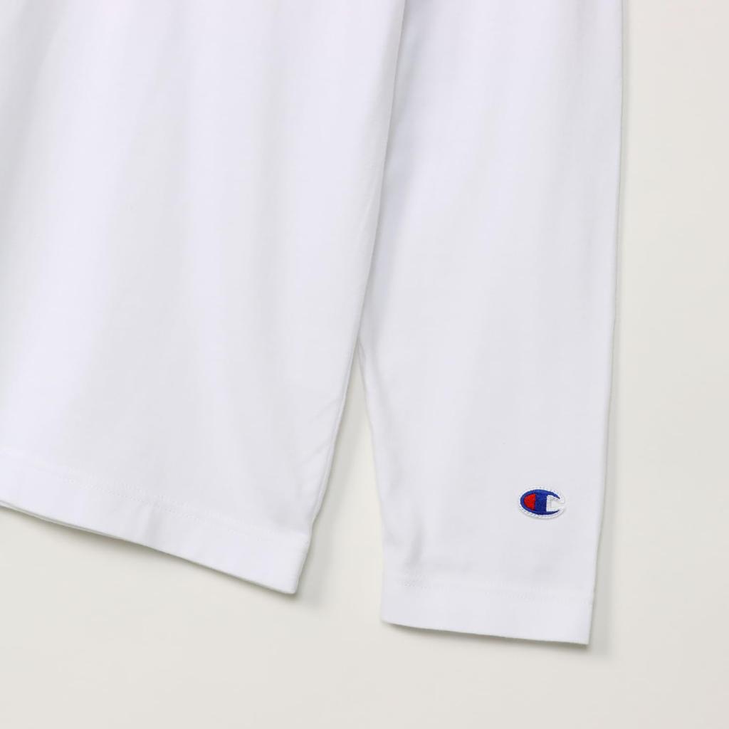 Длинная круглая футболка с длинным рукавом, цвет белый x бежевый, размер L [Champion], рукав, горловина, 100% хлопок, вышивка, логотип, футболка, C8-X408, мужская