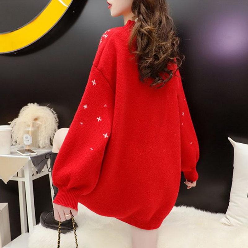 Пуловер с оленем, красный рождественский женский свитер средней длины 2023, осень/зима, повседневный свободный трикотаж, женский свитер с круглым вырезом и длинными рукавами