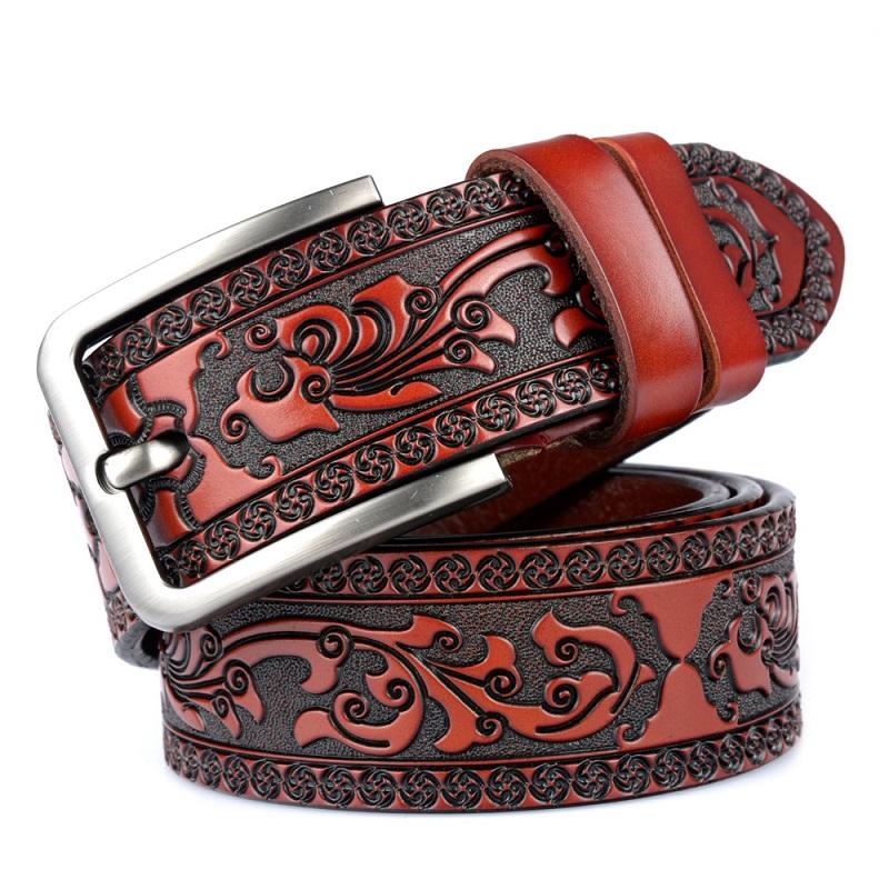 Belts for Men Vintage Genuine Leather High Quality Fashion Classic Casual Carved Flowers Jeans Men Belts Pin Buckle Strap HQ232
