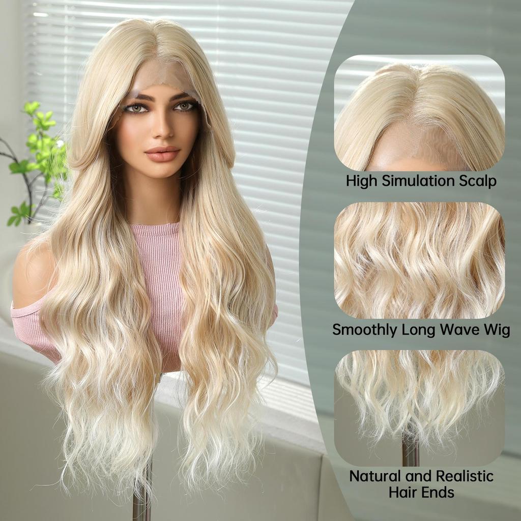 ALAN EATON HD 13x6 Lace Wigs Synthetic Long Wavy Hair BLonde Ombre Wigs Daily Use Party Wig for White Women Heat Resistant