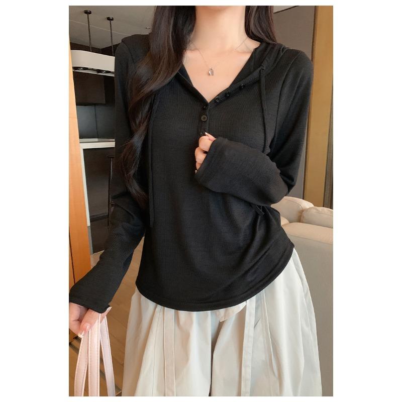 Women S Casual Lazy Style Hooded T Shirt Button Henley Neck Long Sleeve