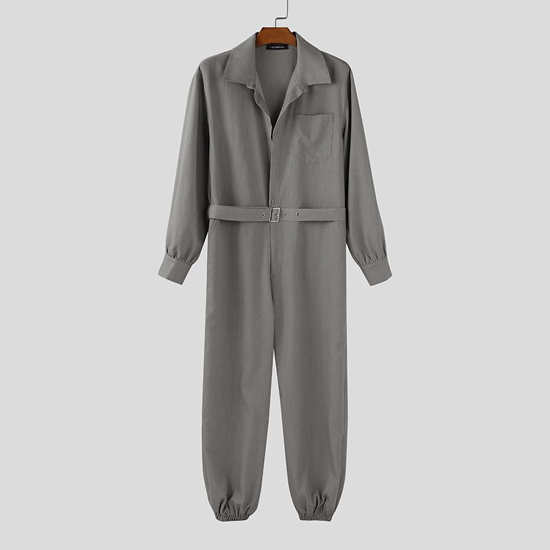 INCERUN Men Lapel Neck Long Sleeve Belt Solid Color Casual Buttons Long Jumpsuits Rompers