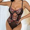 Черный вышитый боди, облегающий, сексуальный, с полым цветочным узором, глубокая прозрачная сетчатая одежда