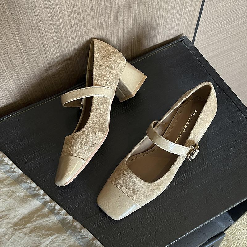 Cashmere splicing square head thick heel single shoes women's middle heel soft leather one-word buckle Mary Jane shoes spring and autumn
