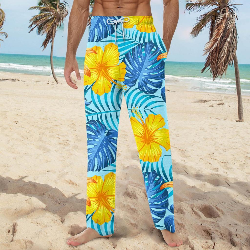 Мужские мягкие домашние пижамные штаны с гавайским принтом, повседневные спортивные штаны с завязками