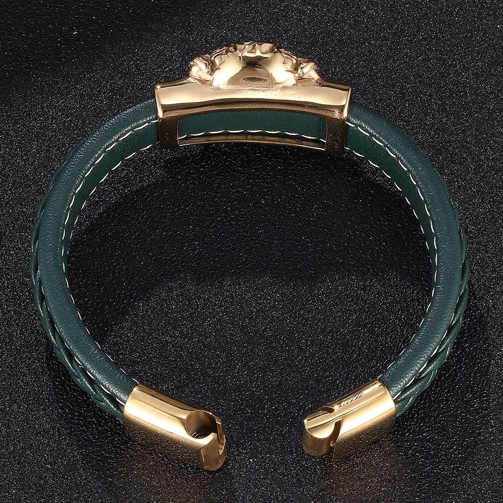 Панк-ювелирные изделия из нержавеющей стали, мужские золотые подвески в виде черепа, зеленый кожаный браслет, цепочка, браслеты и браслеты