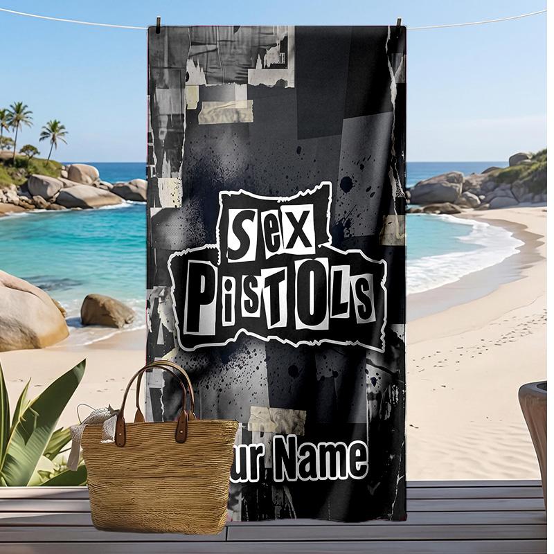 Sex Pistols Custom Beach Towel, Print Your Name Text Lightweight Absorbent Towel for Swimming Travel