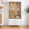 Glass Display Cabinet LED Lights, White 2 Doors & 2 Drawer, Modern Bookcase Adjustable Shelves, Metal Legs, Living Room Office Dining Room
