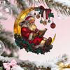 Уютный Санта, читающий на Луне, Ловец солнца, Рождественское витражное оконное подвесное украшение с ягодами и бантом для праздничного декора окна/стены