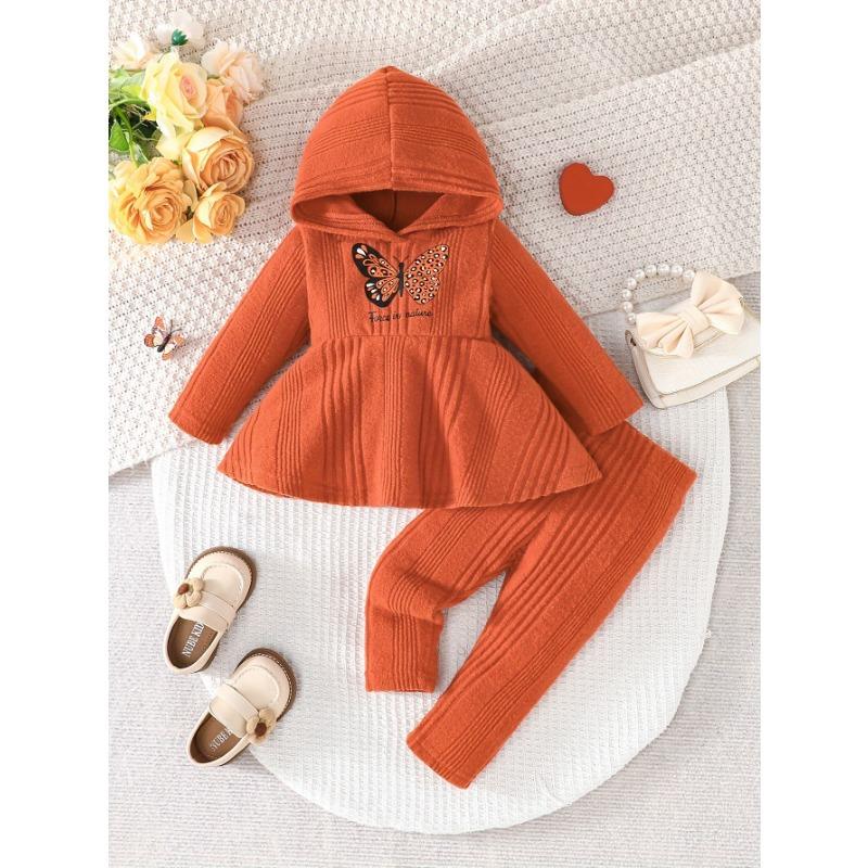 Two-Piece Girl Sweet and Gentle Spring/Autumn New Butterfly Print Letter Hoodie Sweatshirt and Pants Set, Perfect for Outdoor, Knit