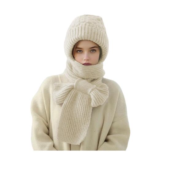 Winter Knit Hat with Integrated Scarf Solid Color Thickened Velvet Women Hat Long Scarf Set Cold Weather Headwear