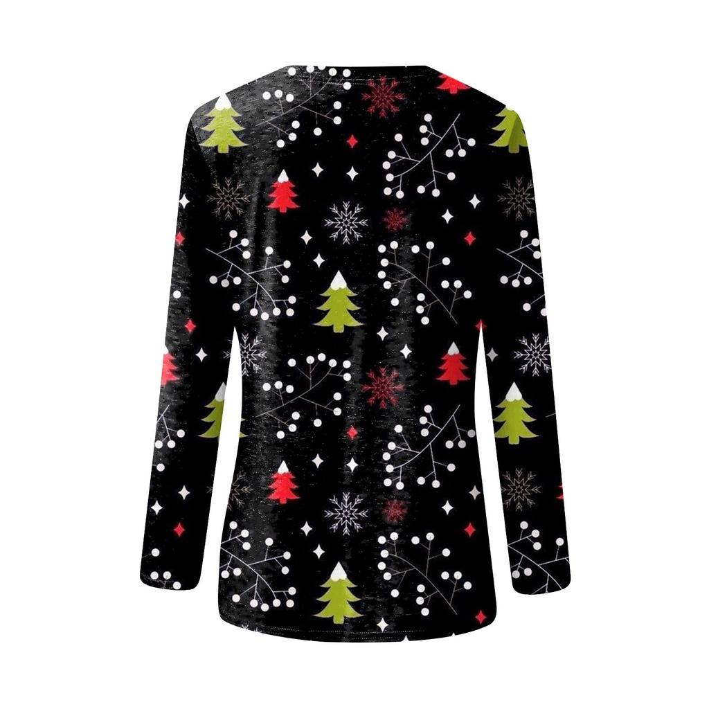 Women's Fashion Casual Long Sleeve Christmas Print Round Neck Pullover Top Blouse