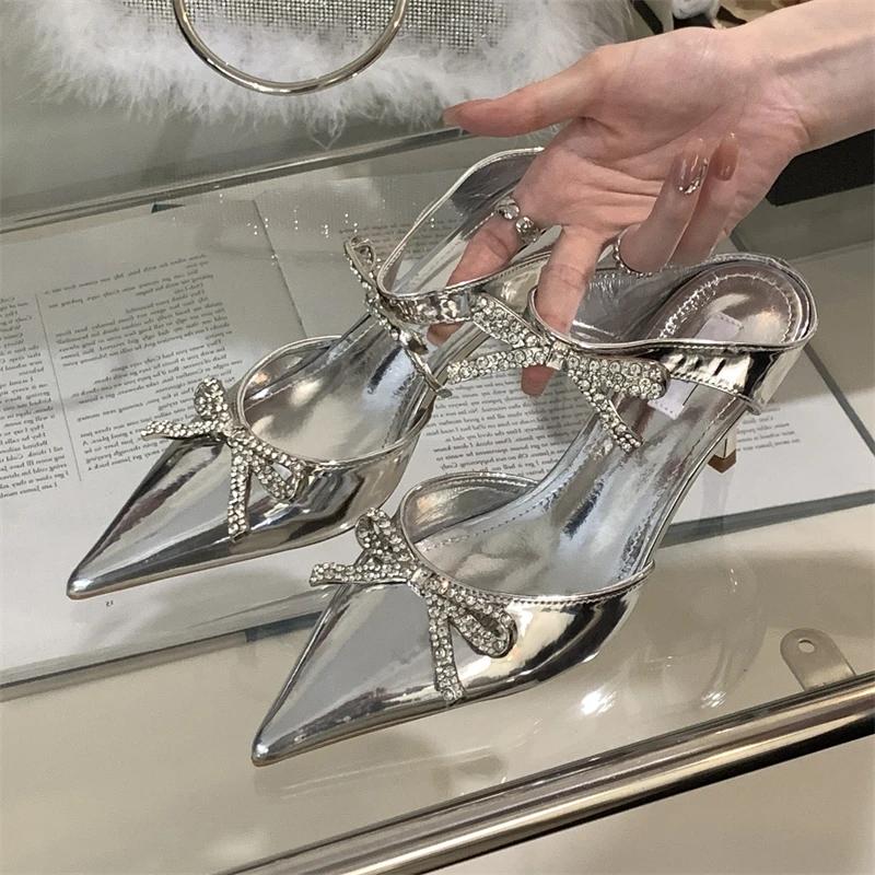 Fashion Eilyken Summer Sexy Crystal Butterfly-knot Pointed Toe Women Pumps Fashion Buckle Strap High Heels Party Prom Sandals Mule Shoes