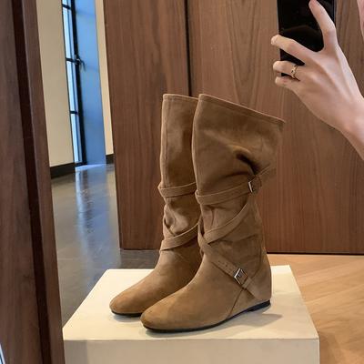 Версия из коровьей кожи Рост дяди Чжоу увеличился на 6 см рыцарские сапоги женские с перекрестной пряжкой плиссированные длинные сапоги облегающие сапоги средней высоты