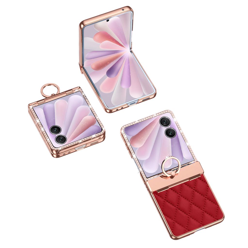 For Honor Magic V Flip 2 Case Ring Holder Rhombus Leather+PC Phone Cover