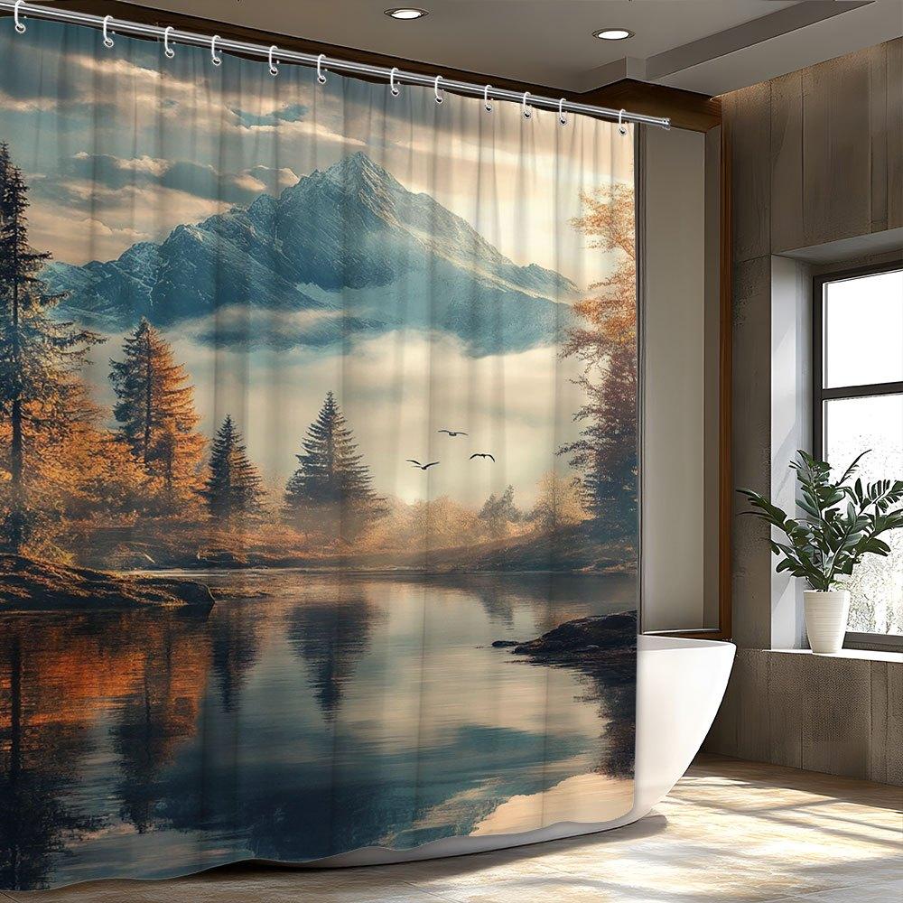 1pc Misty Mountain and River Scene Shower Curtain - Digital Artwork with Autumnal Trees & Snow-Capped Peaks