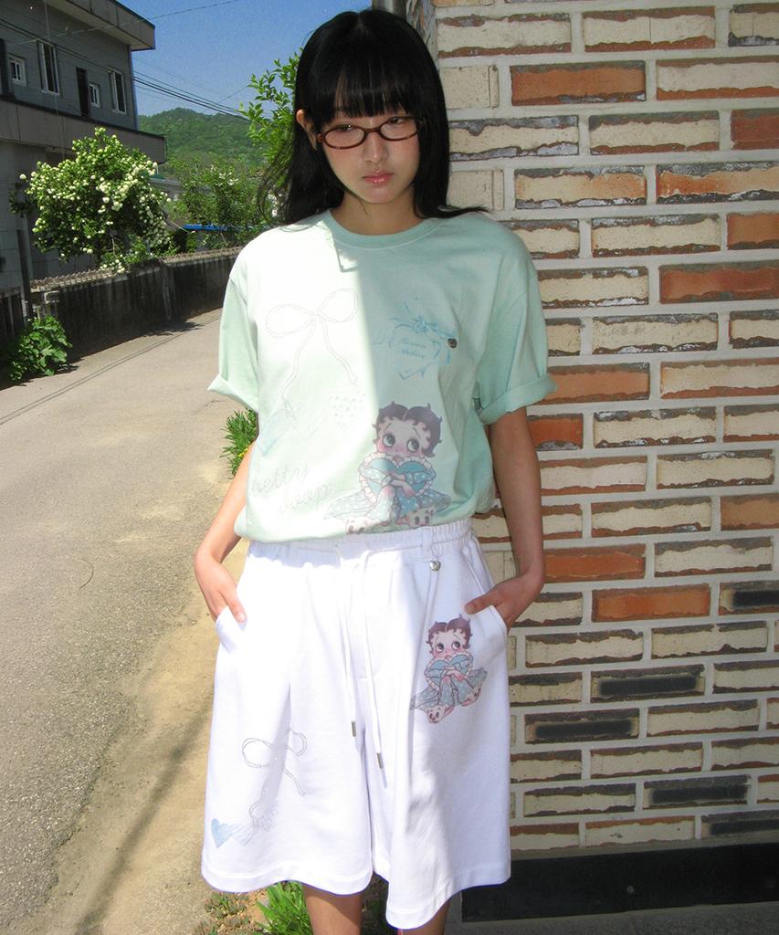 RONRON Betty Boop Dreamy Ribbon Sweat Bermuda Pants White