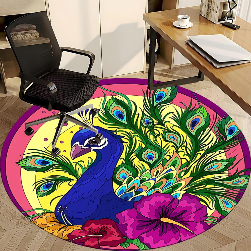 1pc Peacock Feather Chair Carpet for Office Non-Slip, Machine Washable Rug for Office - Holiday DecorMachine Made yy251029014