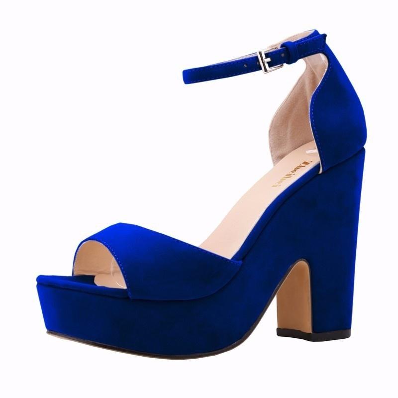 Women Sandals Summer 12cm Sexy Peep Toe Thick High Heels Ankle Strap Sandal Square Flock Platform Shoes Shoe