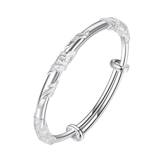 Женский браслет с цветочным тиснением, сплав серебряного цвета, китайский стиль, регулируемый, гладкий, полированный, на запястье, подарок на годовщину дня рождения, легкий браслет