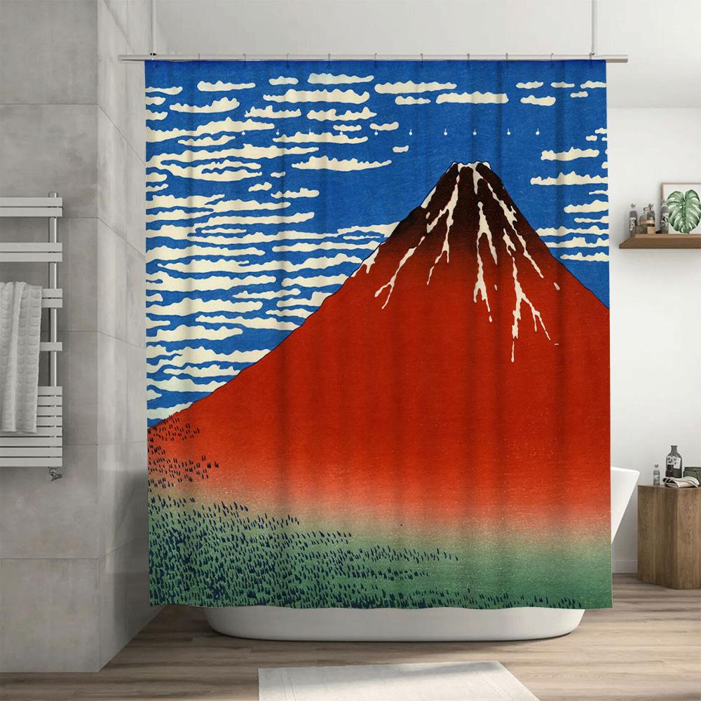 Japanese Red Mountain Shower Curtain Japanese Art Bath Decor for Home Decoration Blue Sky with White Clouds Pattern Shower Curta