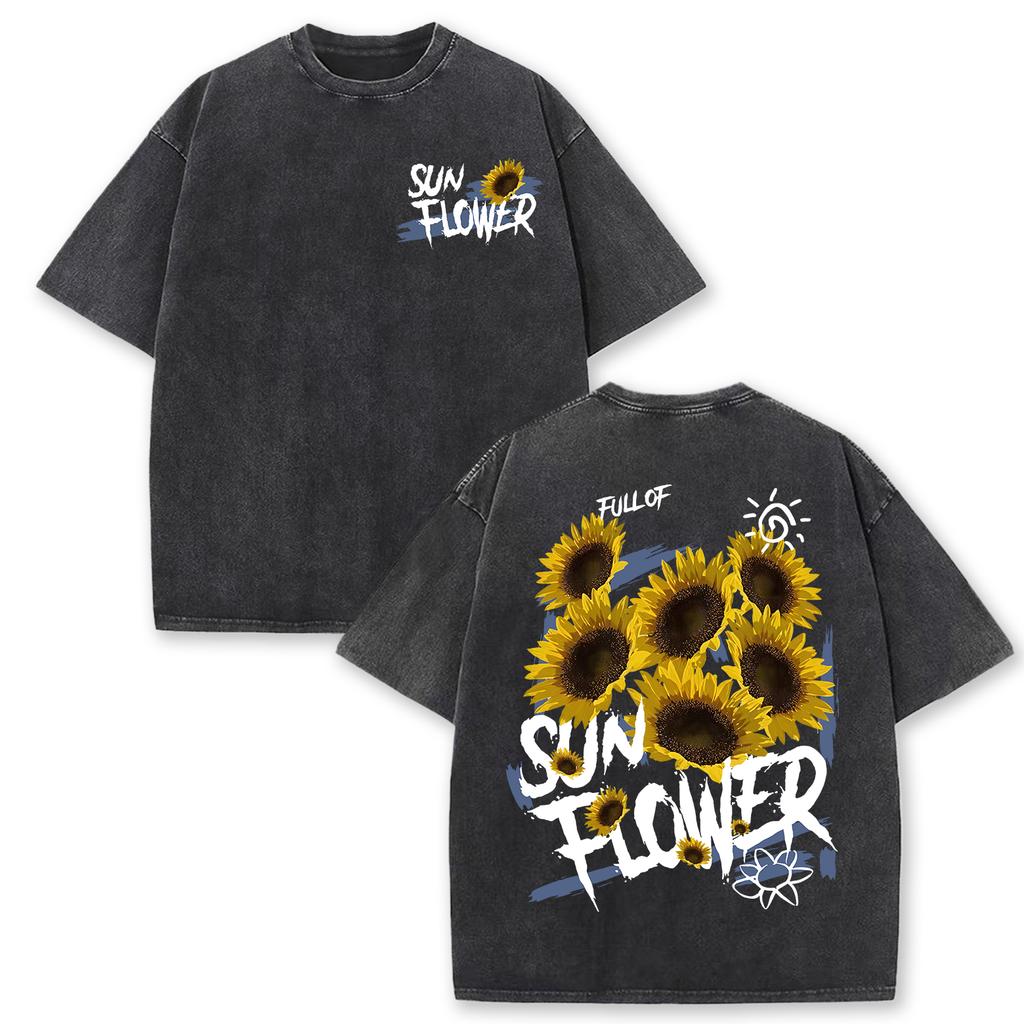 Lift Is Good Beautiful Sunflower Print Washed T Shirts Women Soft Cotton T-Shirt Street Creative Short Sleeve Summer Tops