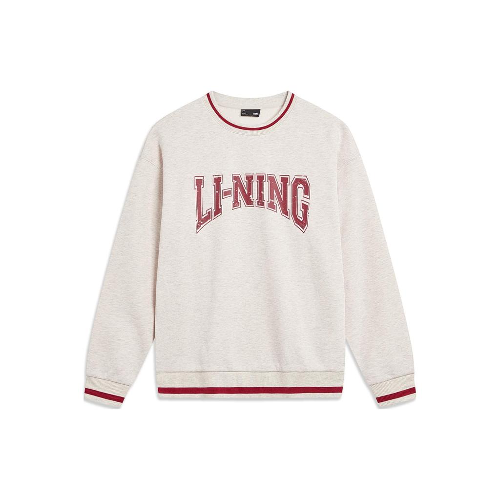 Li Ning Sports Lifestyle Series Letter Print Fleece Crew Neck Pullover Long Sleeve Sweatshirt Unisex Sweatshirt Flower-Gray Tile-Gray AWDTB51-1