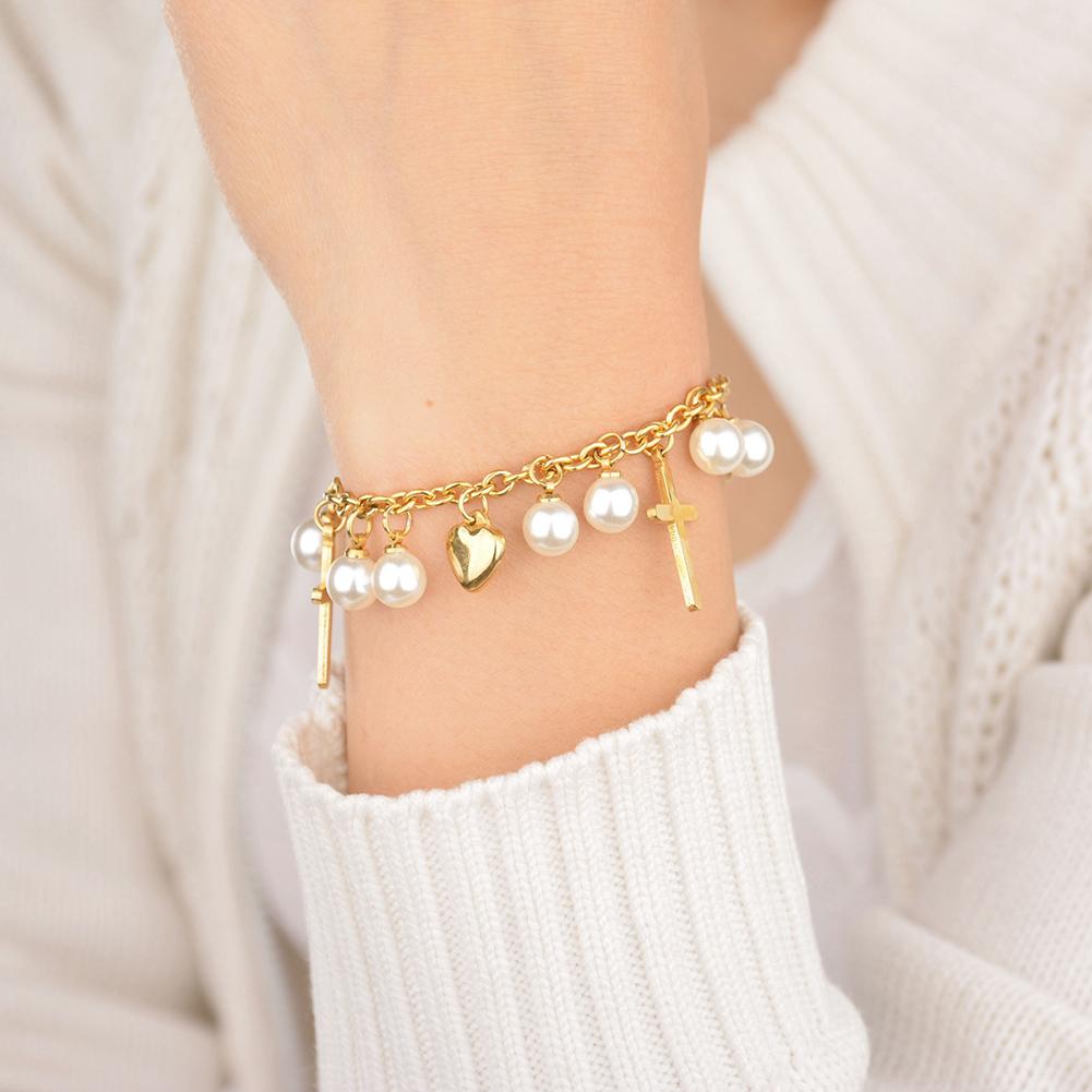 Bracelet Stainless Steel Name Custom Engrave Cross Personalized Heart Letter Bracelet O-Chain Pearl Fashion Gift for Women Girl