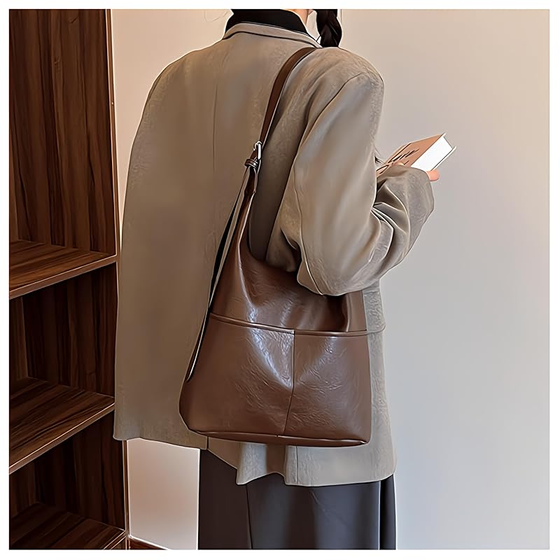 [Lotte Raka] Tote Bag Shoulder Bag Shoulder Handbag Handbag Lightweight PU Leather Ladies Men's Commuting Bag Large Capacity Bag Plain Color (coffee)