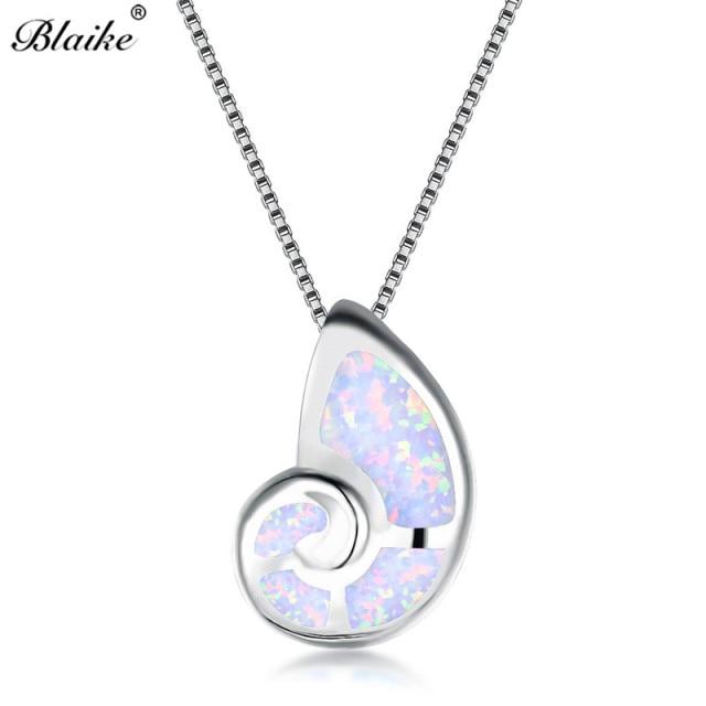 Female Cute Snails Pendant 925 Sterling Silver Blue White Fire Opal Necklaces For Women Shell Conch Necklace Girls Gifts