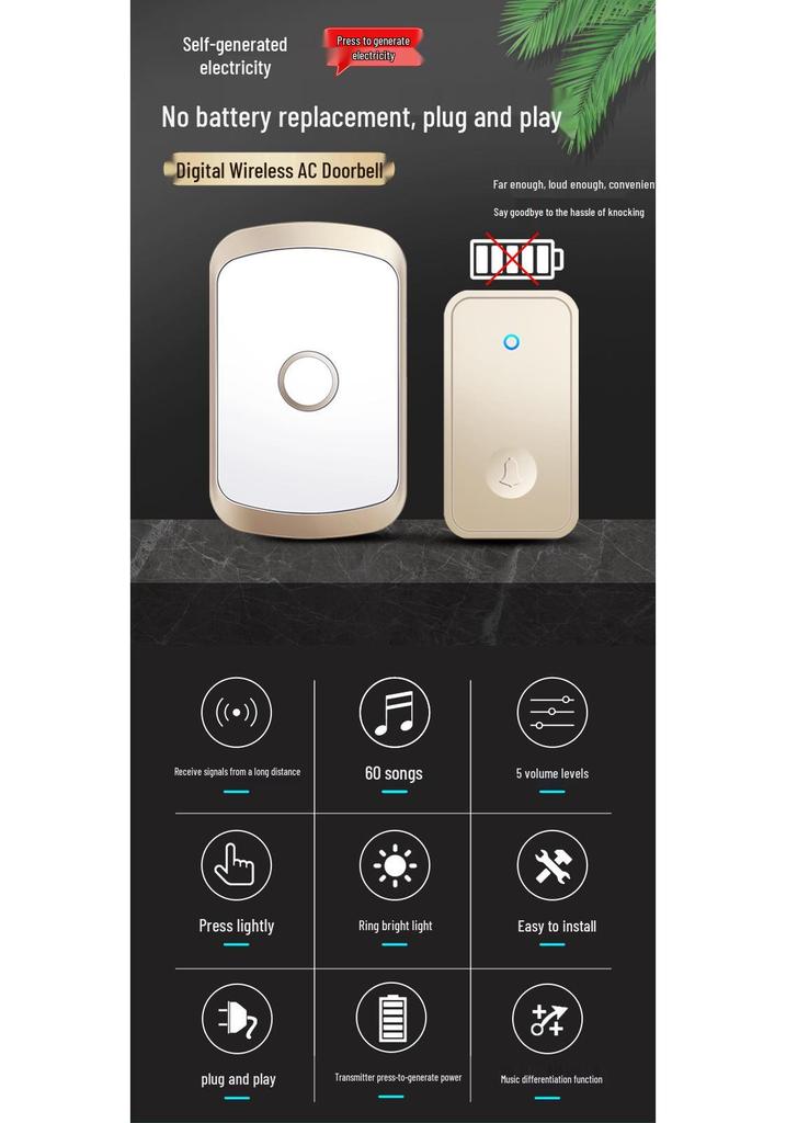 Wireless Waterproof Self-Powered Smart Doorbell with Long-Range Remote Control, Battery-Free for Home Use