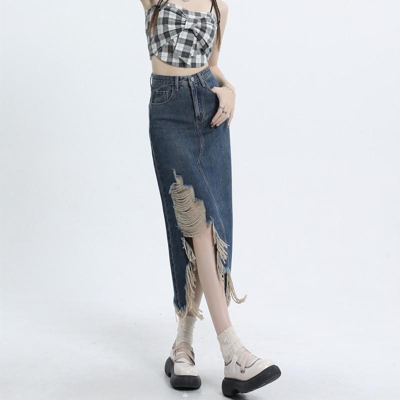 Irregular Retro Denim Midi Skirt Women Summer High Waist Slim Split A-line Skirt Female Streetwear Casual Vintage Y2K Blue