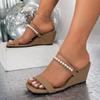 Fashion Slope Heel Sandals Summer New Fashion Square Head Shallow Mouth Open Toe Pearl Line with Anti-slip Wear-resistant Slippers