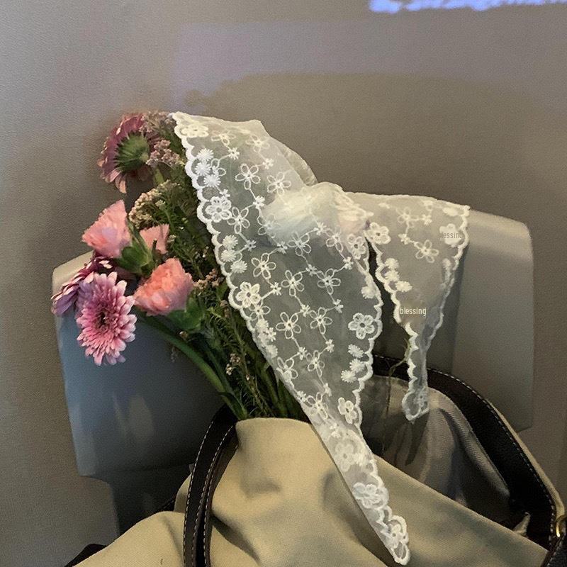 French Lace Triangle Scarf with Beige Floral Design, Retro Headscarf, Hairband, Bag Accent, and All-Match Ribbon Scarf