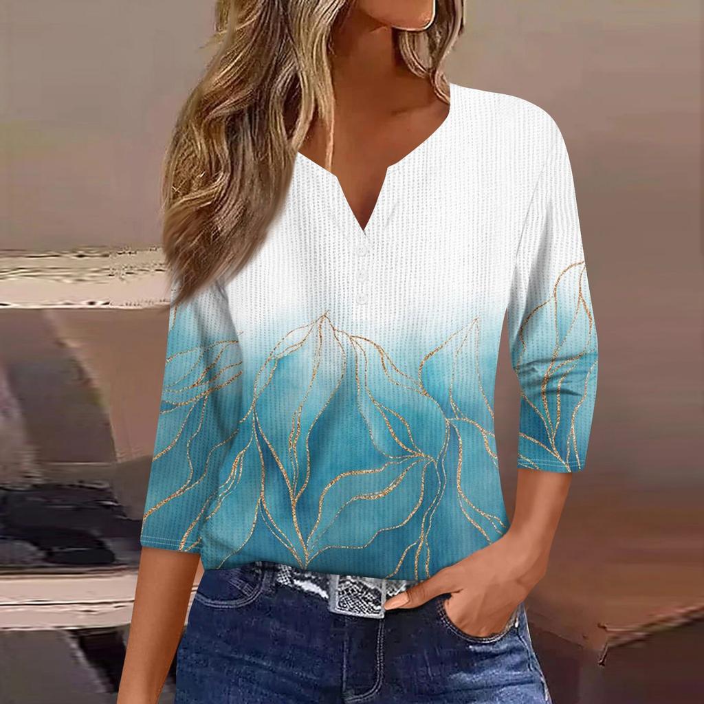 Женская футболка с принтом на пуговицах, рукав 3/4, вязаный свитер, повседневный, модный, на выходные, базовый, с V-образным вырезом, обычный топ