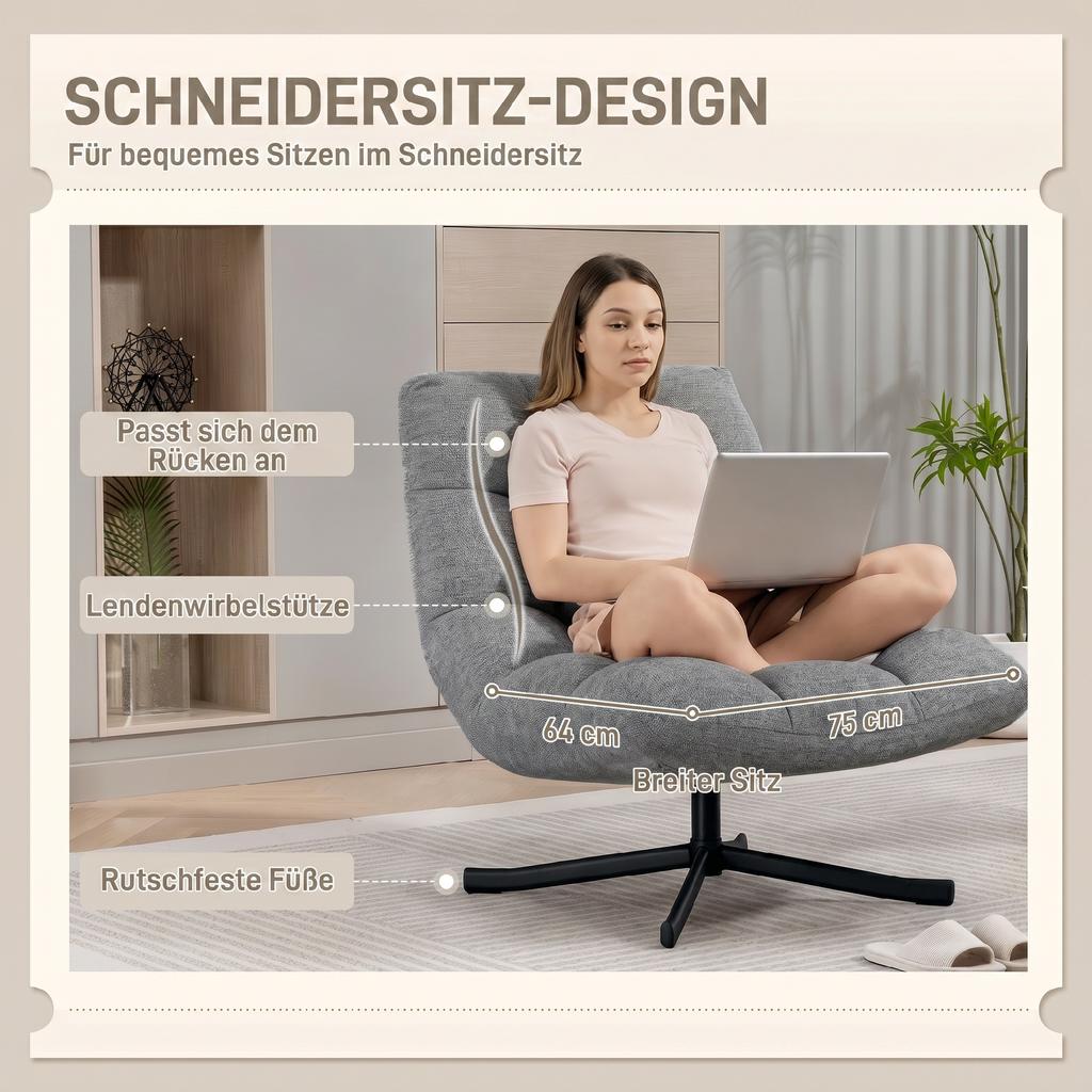 Armchair Swivel Lounge Chair with Wide Seat, Water-Repellent Chenille Look, Crossed Steel Legs, Gray