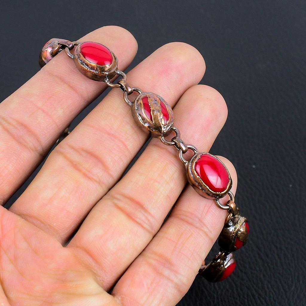 Red Coral Handmade Gemstone Bracelet, Copper Electroformed Bracelet Antique Jewelry, For Engagement Gift