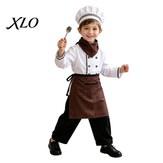 Polyester Chef Uniform for Kids Costume Boys And Girls, Comfortable Cooking Outfit with Stage Performance Suit Apron Hat Role Play Baking Activities