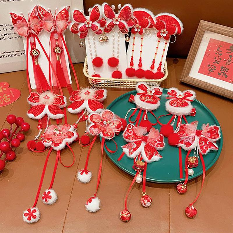 1 пара детских красных заколок-бантов для волос, кавайные аксессуары для волос, заколки для волос с кисточками в виде бабочек, универсальные заколки для волос в старинном стиле