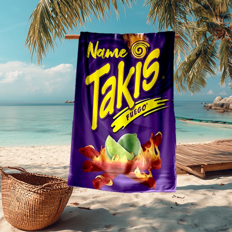 Custom Name Ultra-Soft Beach Towel with Takis Fuego Theme,Ideal for Pool - Camping, Diving - Perfect Travel Essential, Vibrant Beach Towel.