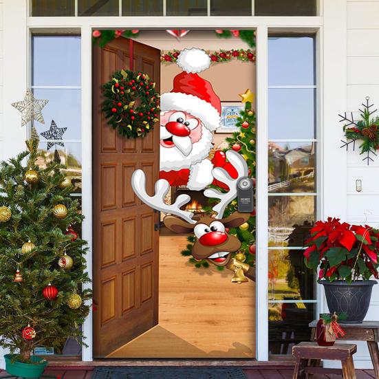 Christmas Door Cover Colorful Print Christmas Door Decoration Backdrop Front Door Decor Holiday Festive Xmas Party Supplies