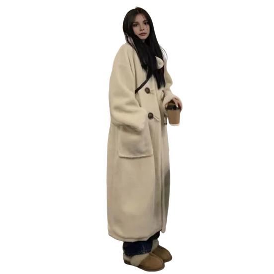 Женское зимнее пальто с капюшоном из плотного флиса, однотонное, с застежкой на роговые пуговицы, длинные рукава