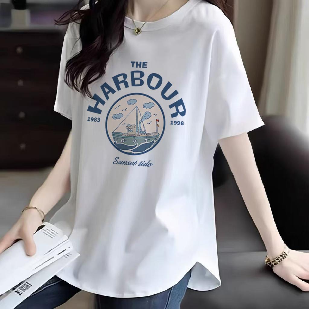 Pure Cotton White Mid-length Short-sleeved T-shirt for Women's Summer New Age-reducing Niche Curve Loose Slimming Base Shirt
