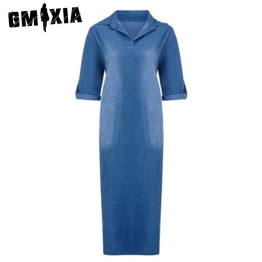 GMXIA Летнее джинсовое платье для женщин, повседневные весенние синие макси-платья с V-образным вырезом и рукавом до локтя, большие размеры, длинные платья с разрезом